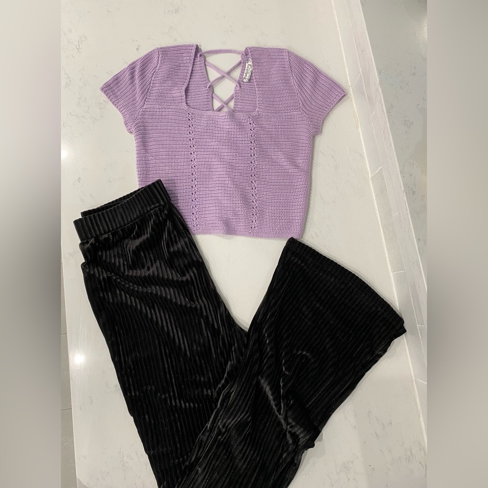 Lavender crochet style top and black velvet bell bottom pants